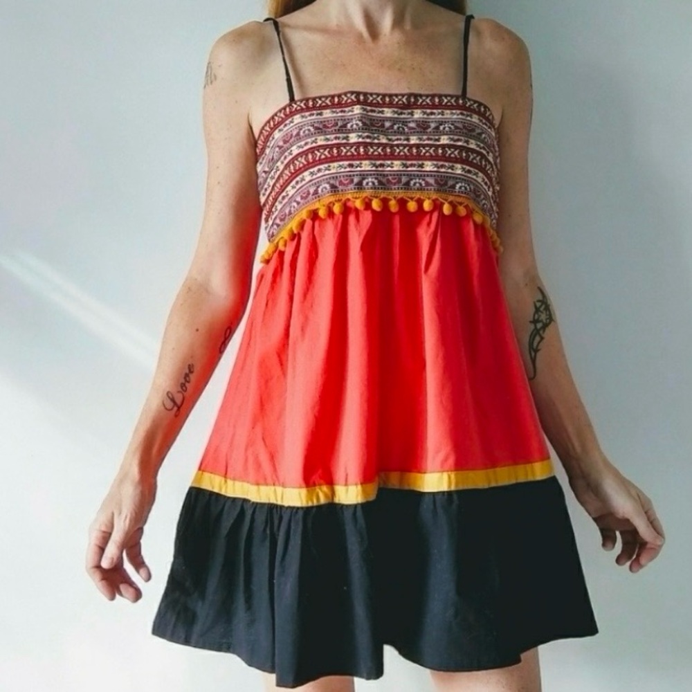 Debbie Miller for Rigo Retro Embroidered Sundress Tunic Pom Pom Trim Boho Small